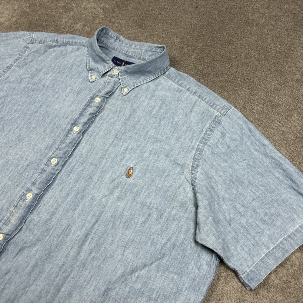 Ralph Lauren Shirt Mens 1XB Classic Fit Chambray Blue Short Sleeve Flesh Pony
